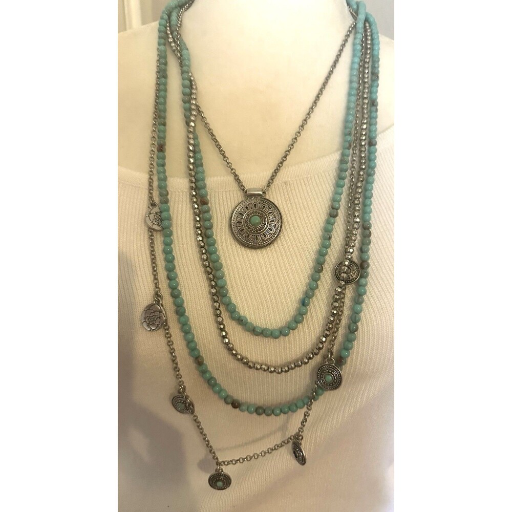 Lucky Brand Layered Turquoise Beaded Necklace Silver Tone Boho Statement Pendant - Picture 2 of 7
